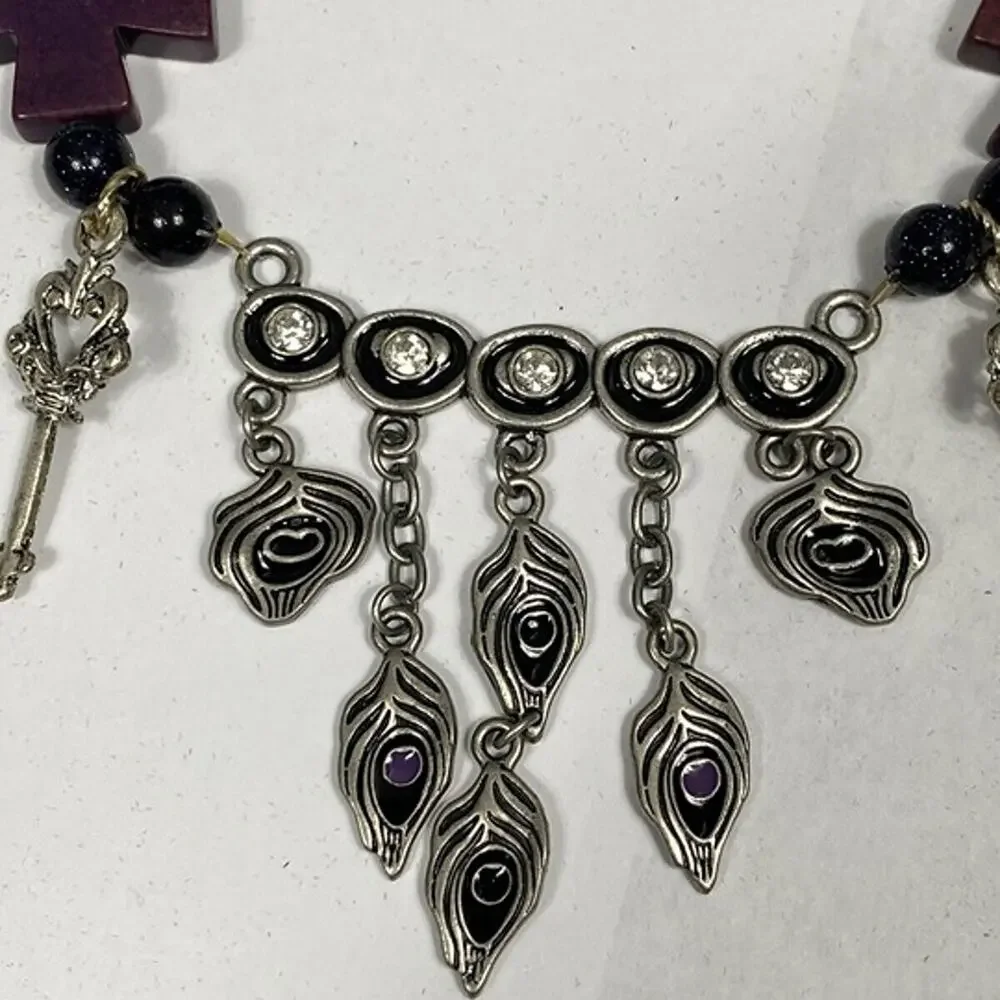 Handmade Purple Cross Statement Necklace Peacock Feather Charms Boho Gothic OOAK